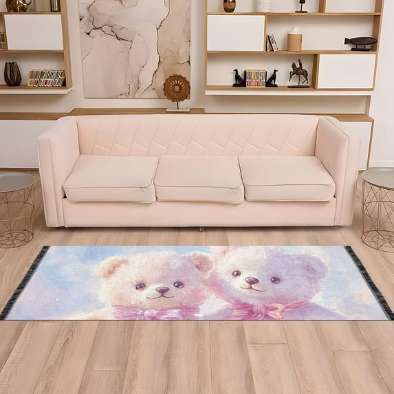 Teddy Bears Pink Bows Runner Rug Non-Slip Area Rugs Linen Washable Non Shedding for Kitchen Bedroom Carpet