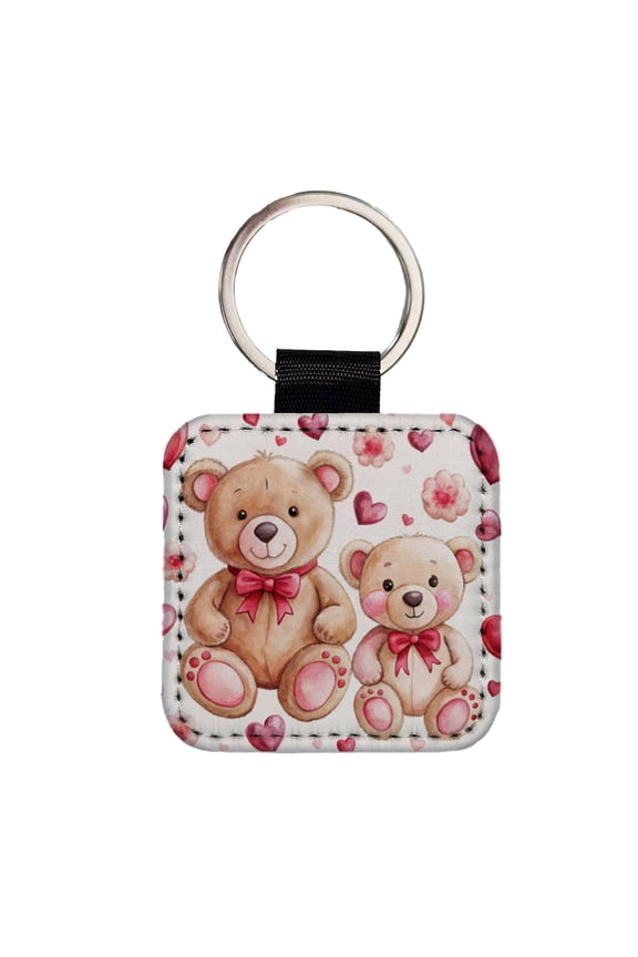 Teddy Bears Pink Red Hearts Faux Leather Square Keychain
