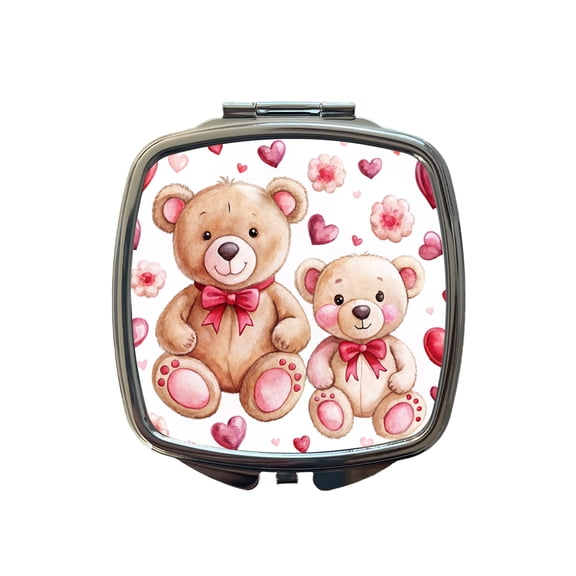 Teddy Bears Pink Red Hearts Travel Makeup Handbag Purse Small Pocket Compact Mirror