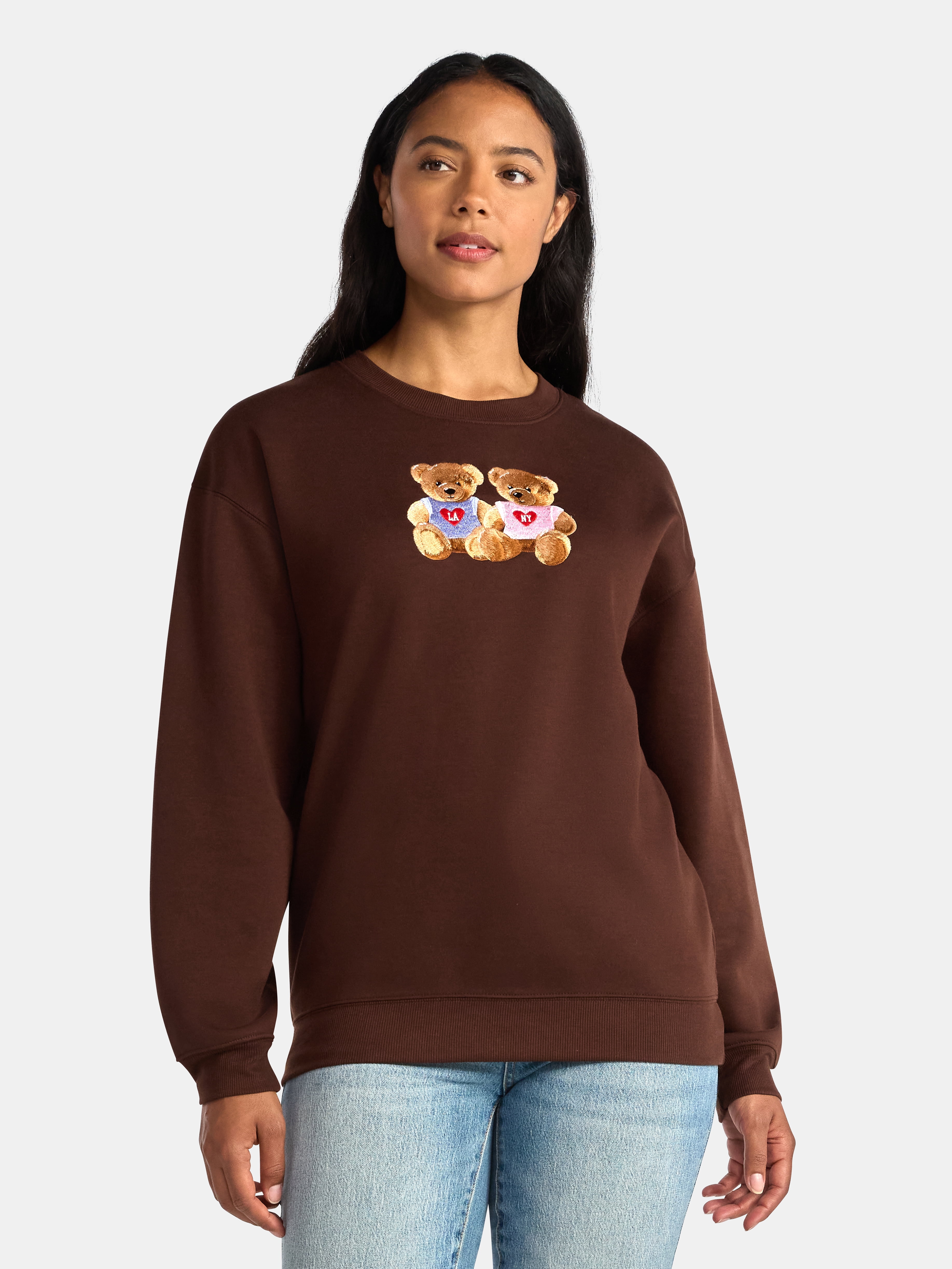 Women's Teddy Bears Embroidered Graphic Sweatshirt with Long Sleeves, Sizes XXS-XXL