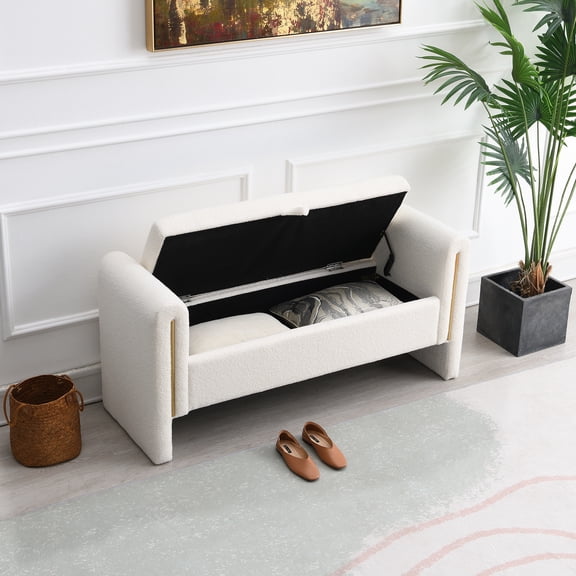 Teddy Bed End Bench with Arms and Storage,Upholstered Large Foot Rest Stool, Comfy Window Vanity Bench for Living Room,Bedroom,Dorm,Coffee Table