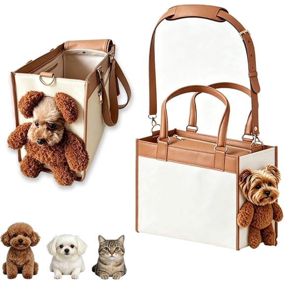 Teddy Carrier Bag for Dogs and Cats 2 in 1 Multifunctional Pet Handbag, Portable PU Leather Shoulder Tote with Plush Ears, Cute Travel Carrier for Small Animals Walks and Vet Visits (L)