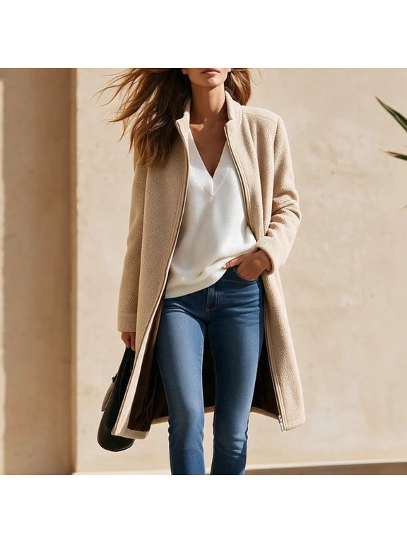 Teddy Coats for Women Stand Collar Full Zip Pockets Mid Length Winter Fleece Jacket with Pockets