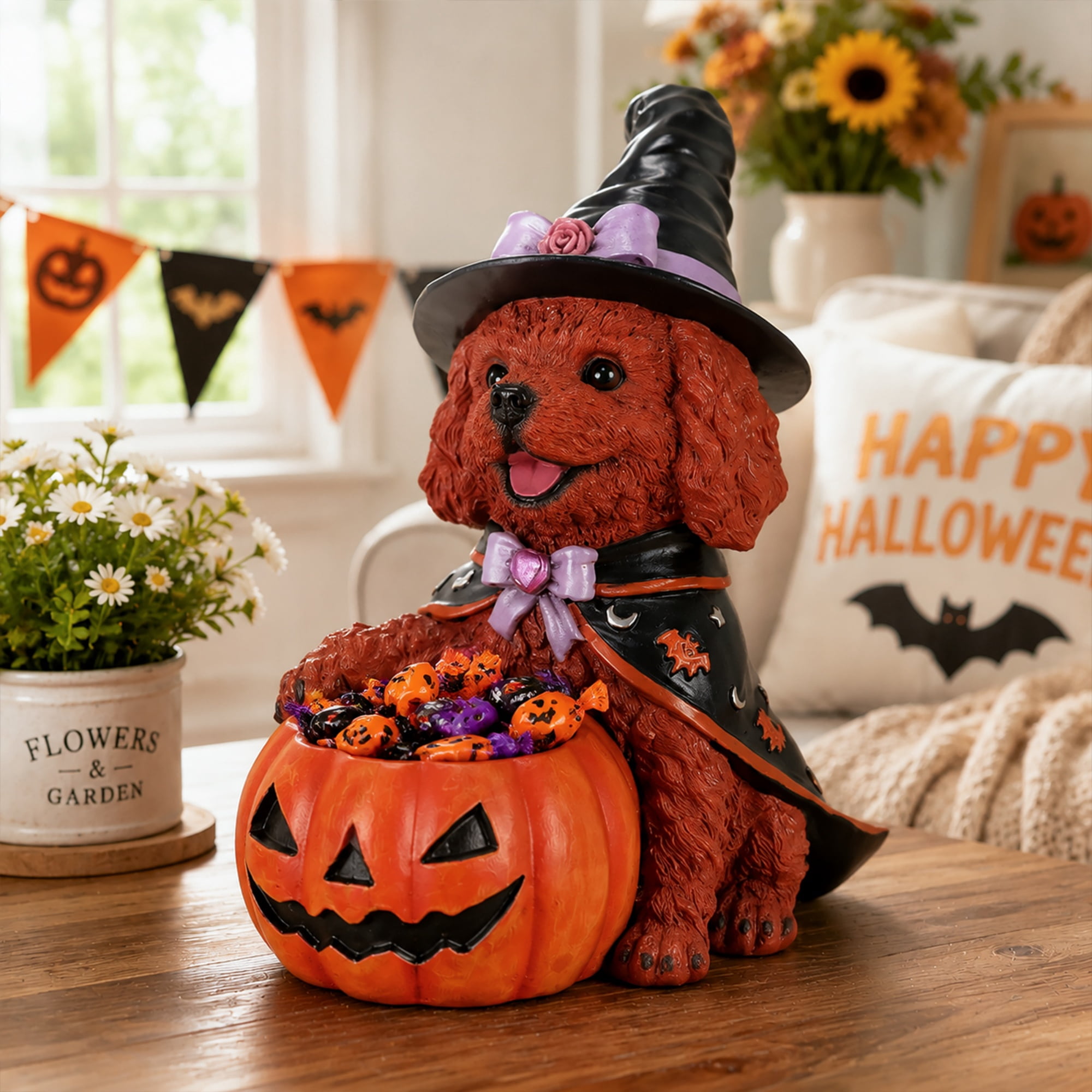 Teddy Dog Figurine 12.6 Inch, Halloween Witch Puppy Statue with Pumpkin Candy Bowl, Cute Dog Decor for Tabletop and Holiday Display, Reddish Brown and Orange-Red