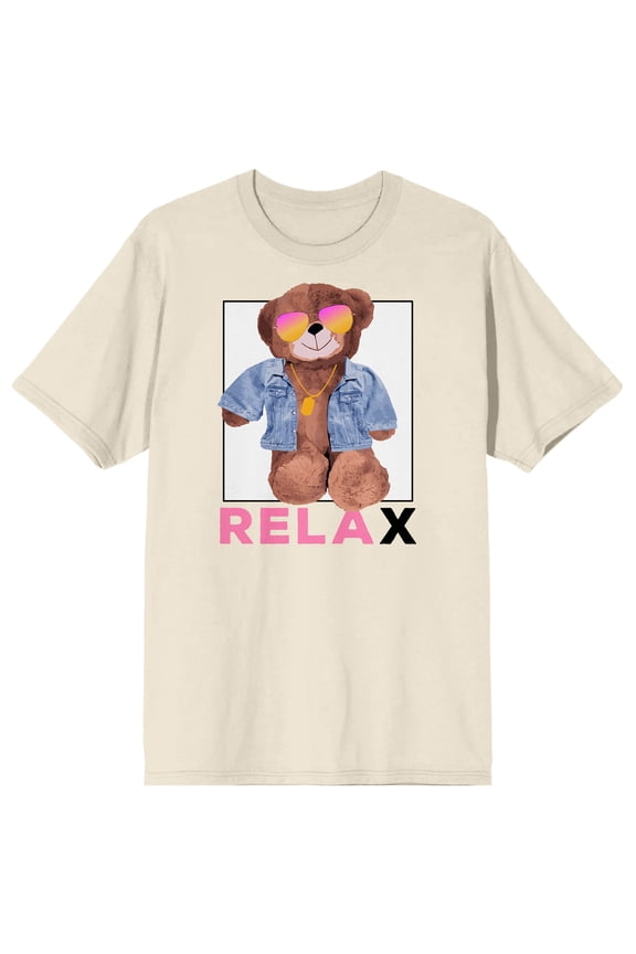 Teddy Drip Relax Chill Bear with Denim Jacket and Sunglasses Men's Natural Short Sleeve Crew Neck Tee-Medium