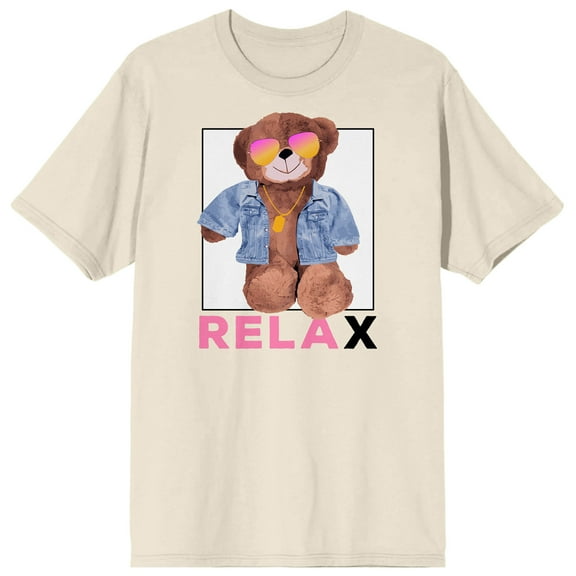 Teddy Drip Relax Chill Bear with Denim Jacket and Sunglasses Men's Natural Short Sleeve Crew Neck Tee-XXL