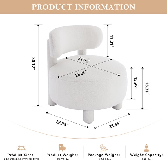 Teddy Fabric Armless Accent Chair, Curved Backrest, Solid Wood Legs, White, 28.35"W x 30.12"H, Perfect for Living Room, Bedroom, Reading Room