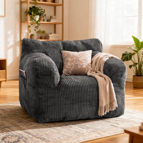 PamapicLife Bean Bag Chair Home Adult Solid Solo Color Regular Foam Filled and Corduroy Indoor and Contemporary Style Bean Bag Chair with Manual, Gray