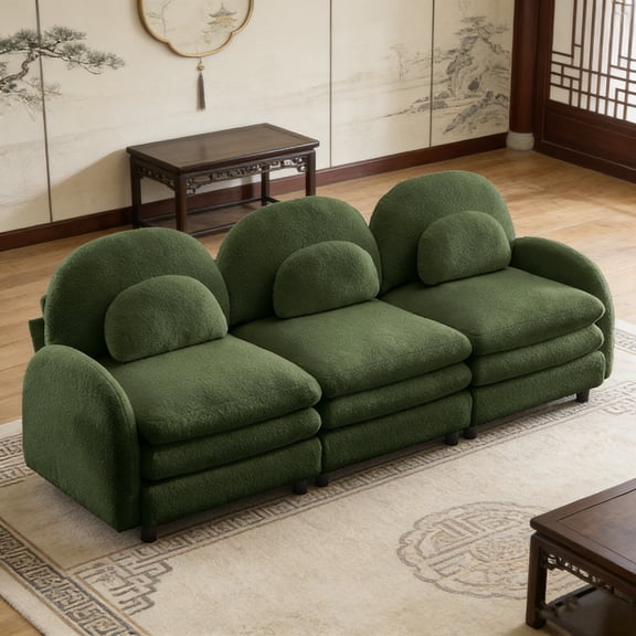 Teddy Fabric Cloud 3-Seat Sofa - Curved Backrest with Lumbar Pillows, Modular 3-Seater Couch with Double-Layer Cushion