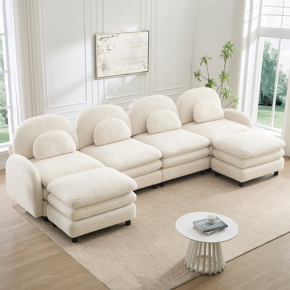 Teddy Fabric Cloud-like 4-Seat Sofa,Curved Backrest and Armrest with Curved Lumbar Pillows, Sectional 4 Seater Modular Couch with 2 movable Ottomans and Supportive Double-layer cushion, Beige White