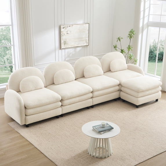 Teddy Fabric Cloud-like 4-Seat Sofa,Curved Backrest and Armrest with Curved Lumbar Pillows, Sectional 4 Seater Modular Couch with Movable Ottoman and Supportive Double-layer cushion, Beige White