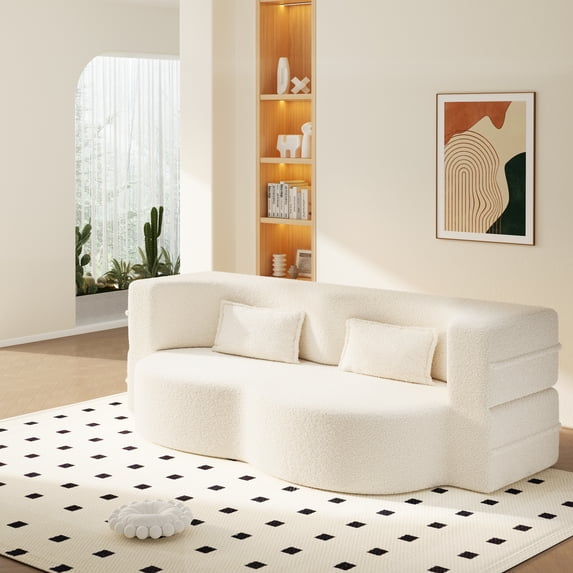 Teddy Fabric Floor Sofa Bed, Twin Size Convertible Folding Sleeper Sofa with 2 Pillows, No Assembly Required for Living Room, Guest Room, Apartment, Beige