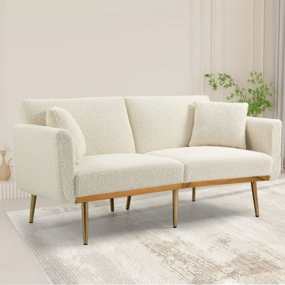 Teddy Fabric Futon Sofa Bed, 65" Convertible Sleeper Sofa with Adjustable Backrest, Loveseat Sofa with 2 Pillows and Gold Metal Legs, 2-Seater Sofa Couch for Living Room Bedroom Office