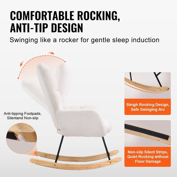 Teddy Fabric Glider Rocking Chair - Soft Seat, High Backrest, 250 lbs Capacity, Upholstered Nursery Glider Rocker for Bedroom, Living Room, Ivory White