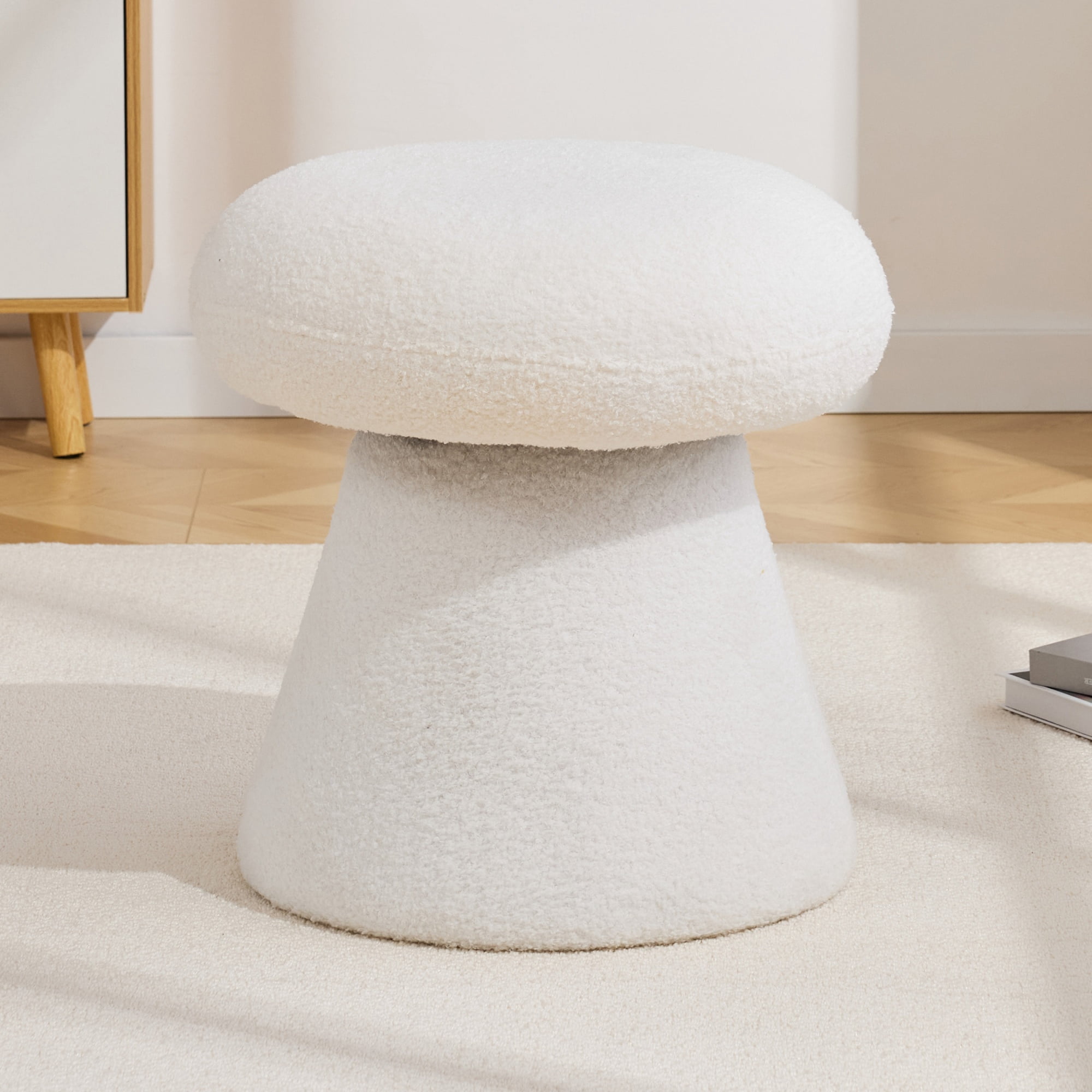 Teddy Fabric Mushroom-Shaped Ottoman with 360-Degree Swivel, Soft-Padded Footstool and Shoe-Changing Stool for Bedroom, White
