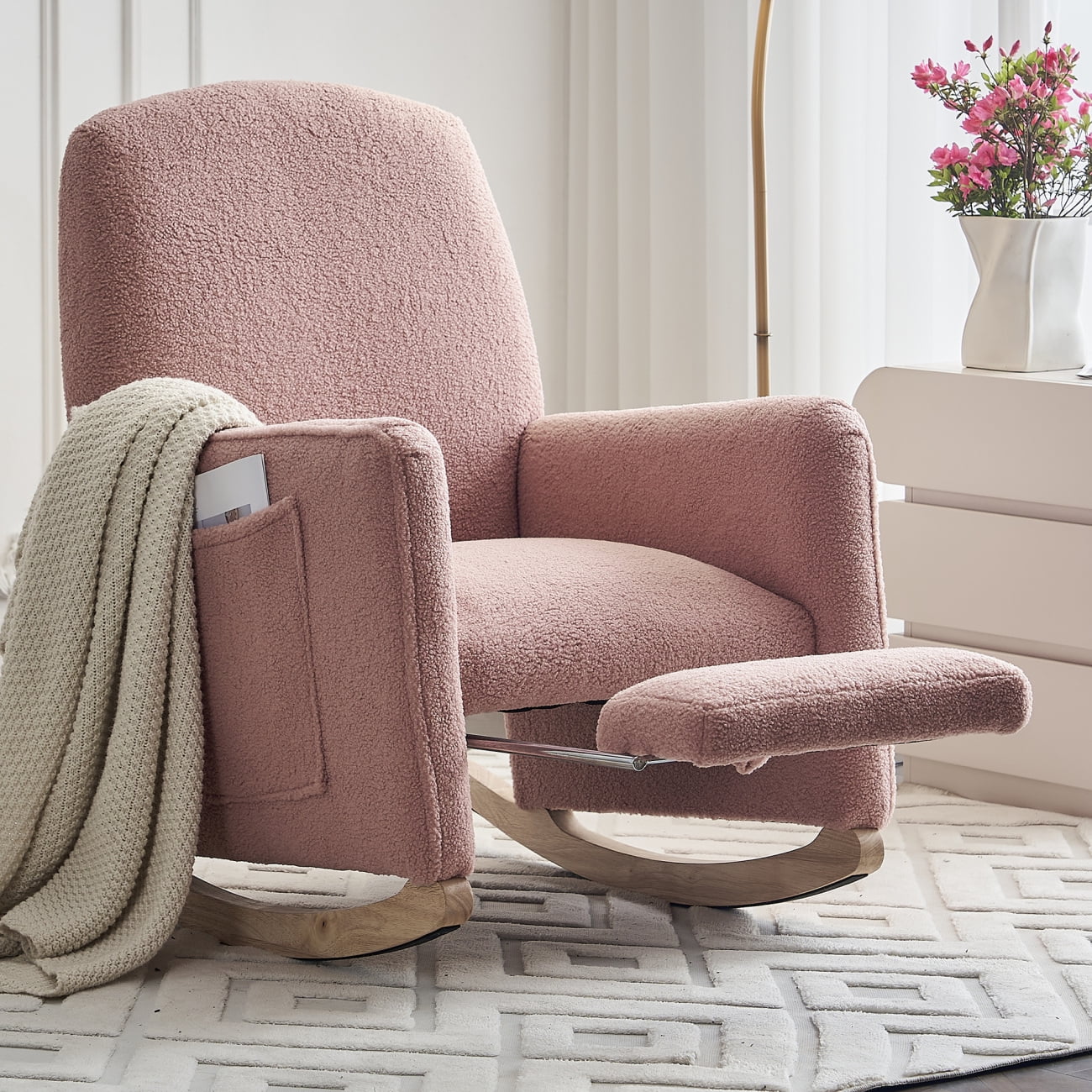 Teddy Fabric Nursery Rocking Chair With Adjustable Footrest, Upholstered Glider Armchair with Safe Solid Wood Base and Side Pocket for Living Room Bedroom (Pink)