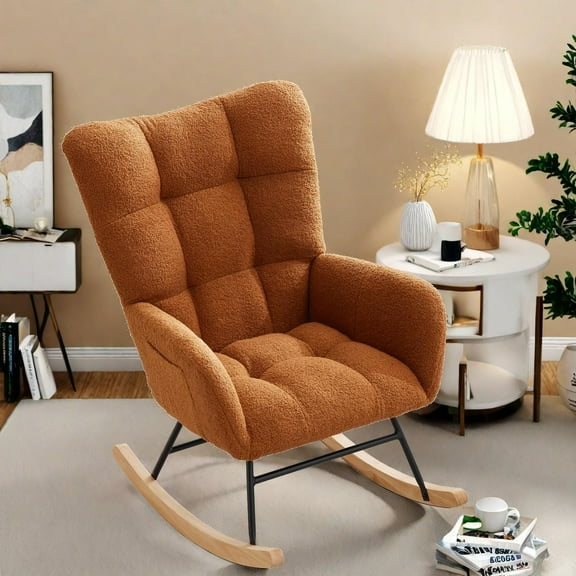 Teddy Fabric Nursery Rocking Chair w/ High Backrest & Side Pockets, Glider for Breastfeeding, Living Room