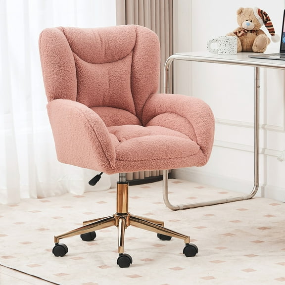 Teddy Fabric Office Chair with Gold Metal Base, Height-Adjustable 360-Degree Swivel Rolling Desk Chair with Armrests, Modern Pink Upholstered Vanity Chair for Home Office & Bedroom