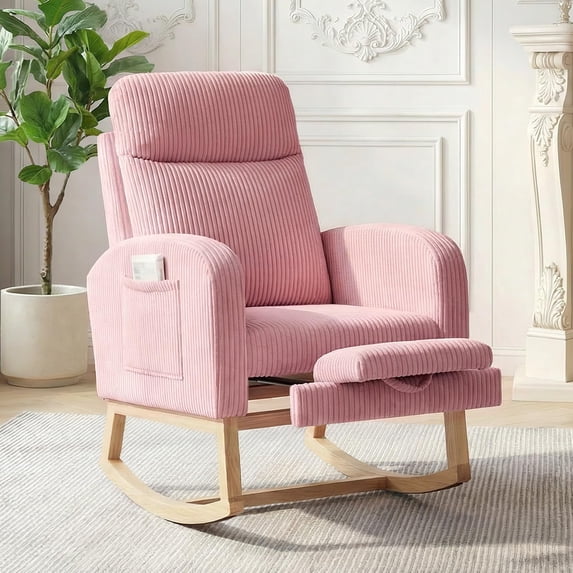 Teddy Fabric & PU Upholstered Nursery Rocking Chair with Adjustable Footrest, Two Side Pockets, High Backrest & Solid Wooden Legs, Comfortable Glider Armchair for Nursery, Living Room, Bedroom