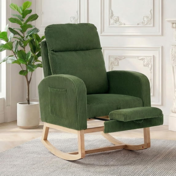 Teddy Fabric & PU Upholstered Nursery Rocking Chair with Adjustable Footrest, Two Side Pockets, High Backrest & Solid Wooden Legs, Comfortable Glider Armchair for Nursery, Living Room, Bedroom
