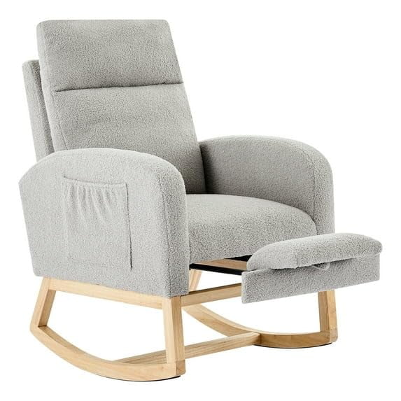 Teddy Fabric & PU Upholstered Nursery Rocking Chair with Adjustable Footrest, Two Side Pockets, High Backrest & Solid Wooden Legs, Comfortable Glider Armchair for Nursery, Living Room, Bedroom