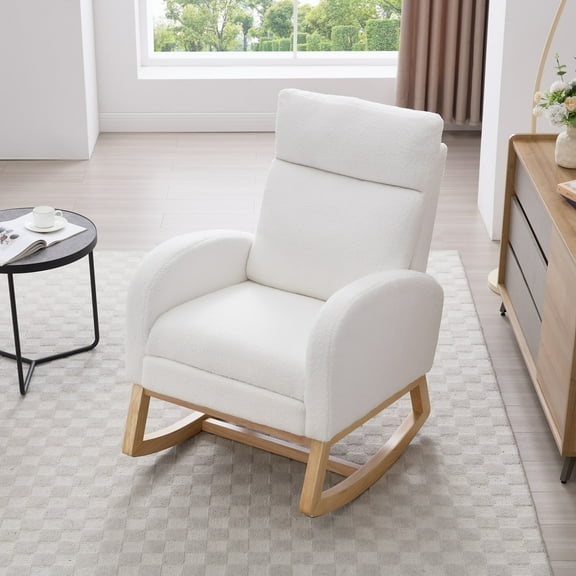 Teddy Fabric Rocking Chair With Adjustable Footstool And Thickened Headrest, High Backrest Lounge Chair For Nursery Or Living Room, Solid Wood Base With Storage Pocket, White