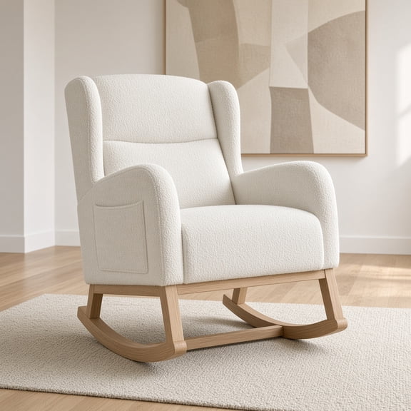 Teddy Fabric Rocking Chair, Ergonomic Rocking Chair with Wood Legs & Side Pocket, Cozy for Living Room,Ivory white
