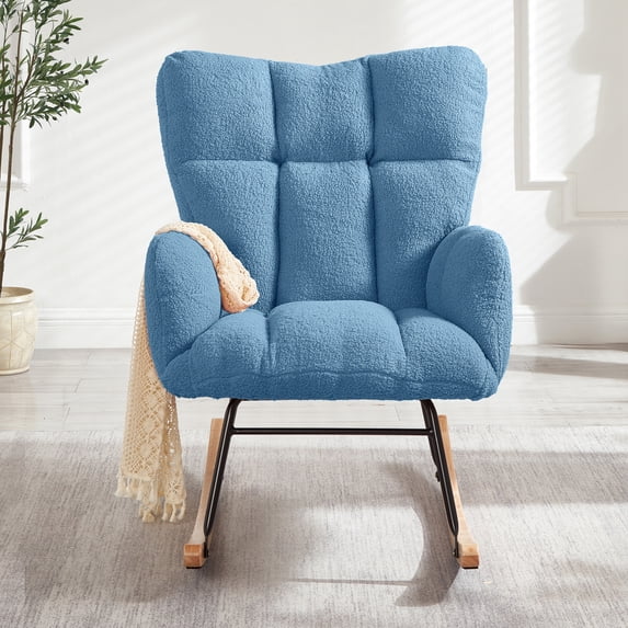 Teddy Fabric Rocking Chair,Metal Frame,Modern Comfy Accent Chair with Ergonomic Principles for Living Room,Bedroom,Offices,Blue