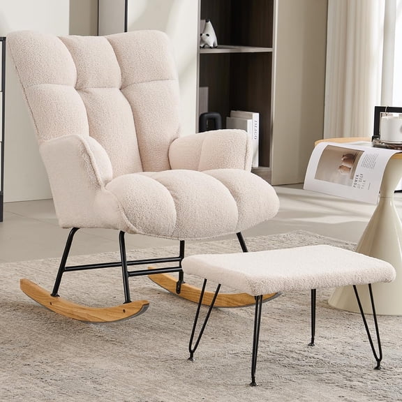 Teddy Fabric Rocking Chair with Ottoman, Upholstered High Back Accent Glider Chair with Solid Wood Base & Metal Frame for Nursery, Living Room & Reading