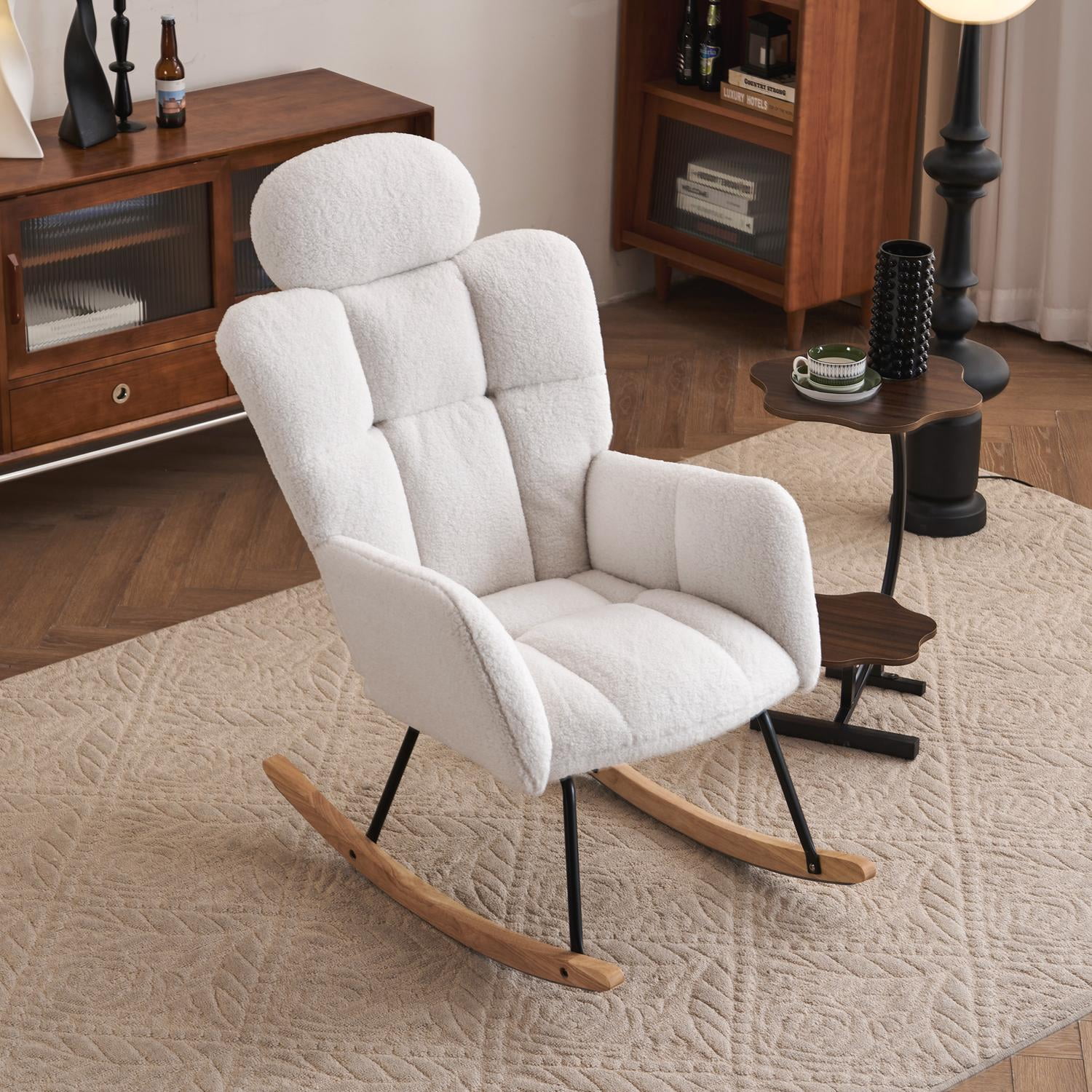 Teddy Fabric Rocking Chair, Upholstered Glider with Headrest Pillow and Solid Wood Base, High Backrest for Nursery and Bedroom, Ivory