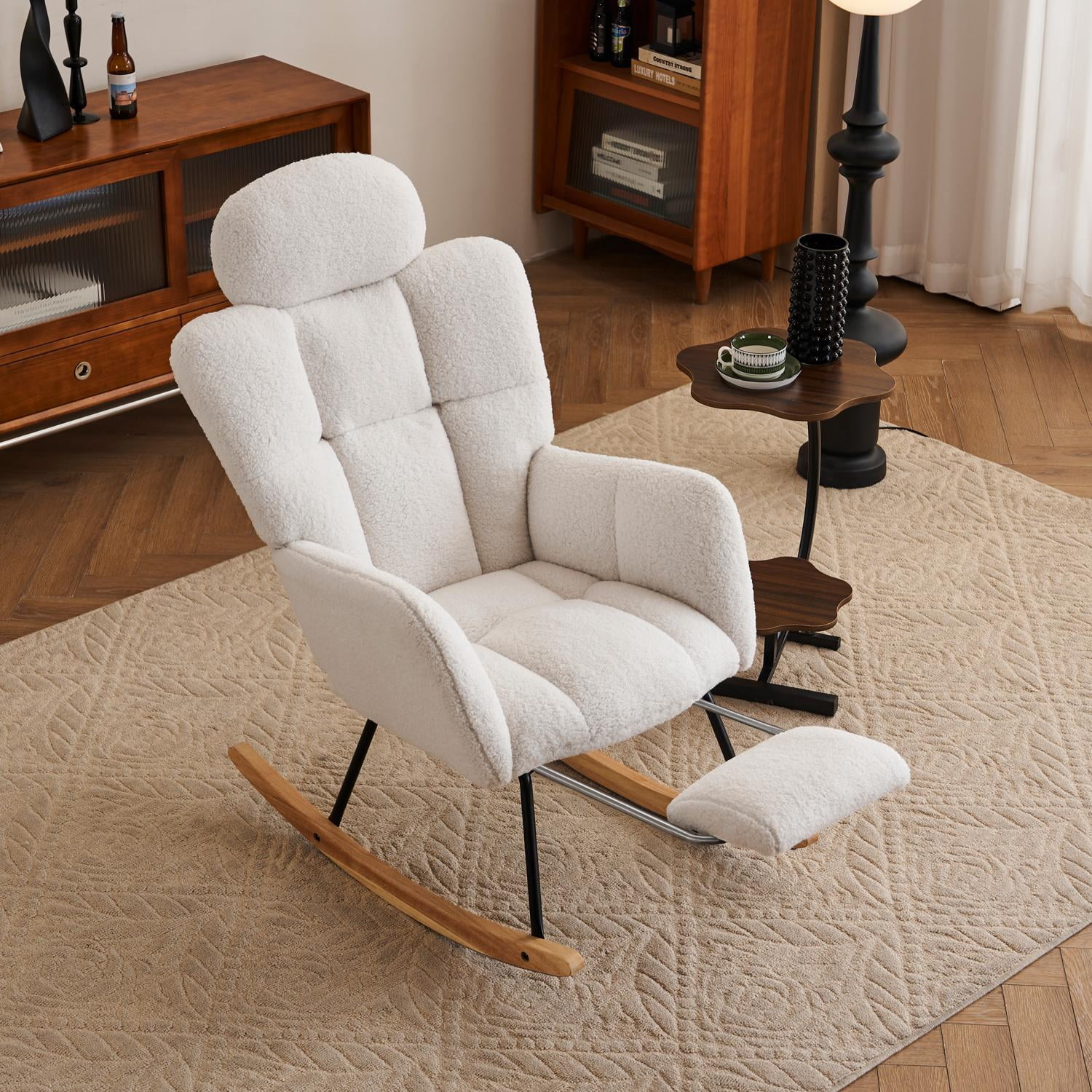 Teddy Fabric Rocking Chair, Upholstered Glider with Removable Pillow and Adjustable Footrest, High Backrest for Nursery and Bedroom, Ivory