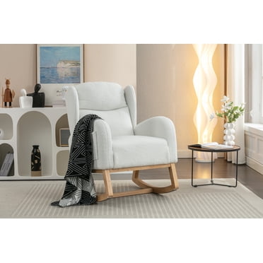 Comfy Chair NIOIIKIT Teddy Upholstered Glider Rocker Rocking Accent Chair Padded Seat With High Backrest Armchair Comfy Side Chair For Living Room Bedroom Offices (Ivory Teddy Nursing Chair