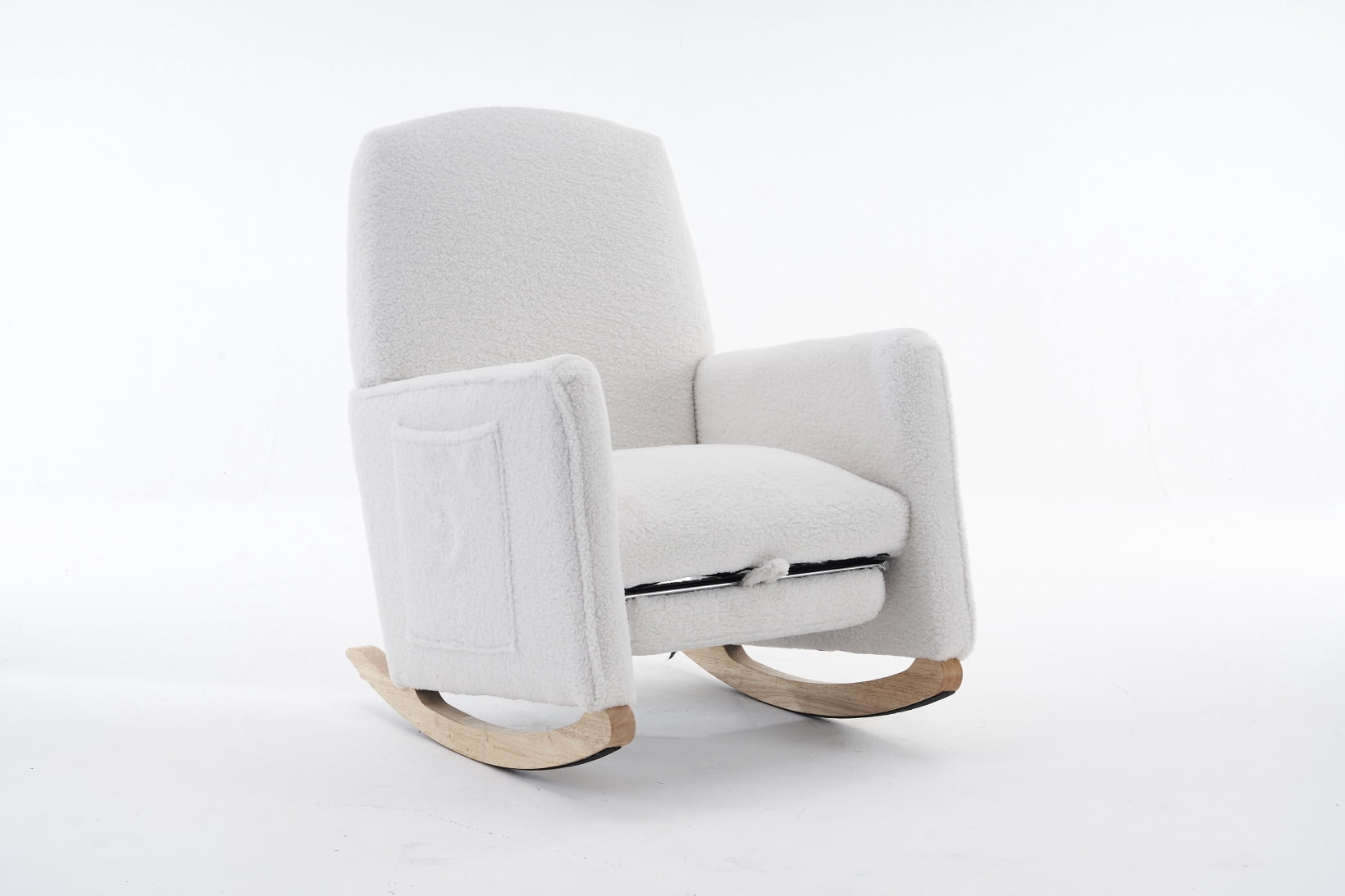Teddy Fabric Rocking Chair with Pull Out Footrest, Side Pockets and Non-slip Mats Legs for Living Room, Bedroom, Nursery, Balcony, Ivory
