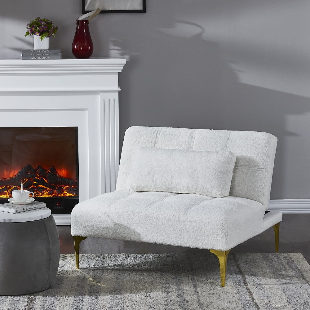 Teddy Fabric Single Sofa Chair with Adjustable Backrest Small Futon Accent Chair with Golden Metal Legs Armless Chair Reading Chair Makeup Chair for Small Spaces Living Room and Bedroom White Walmart....