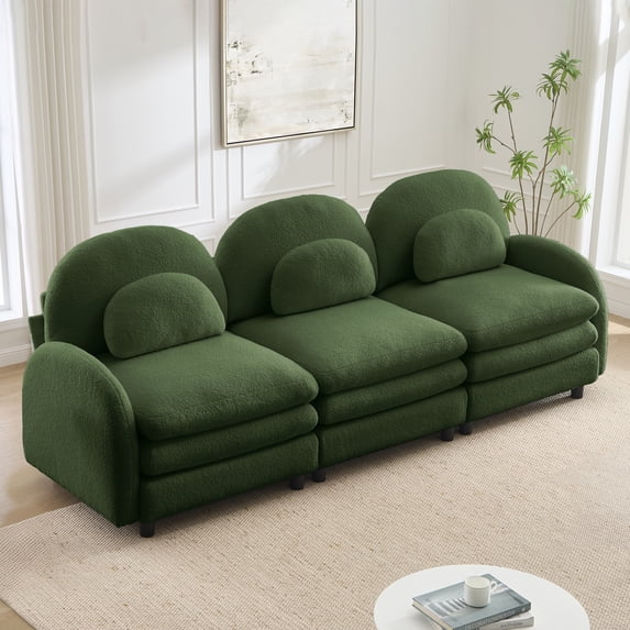 Teddy Fabric Soft Cloud-like 3-Seat Sofa,Curved Backrest and Armrest with Curved Lumbar Pillows, Modular 3 Seater Couch with Supportive Double-layer cushion, Green
