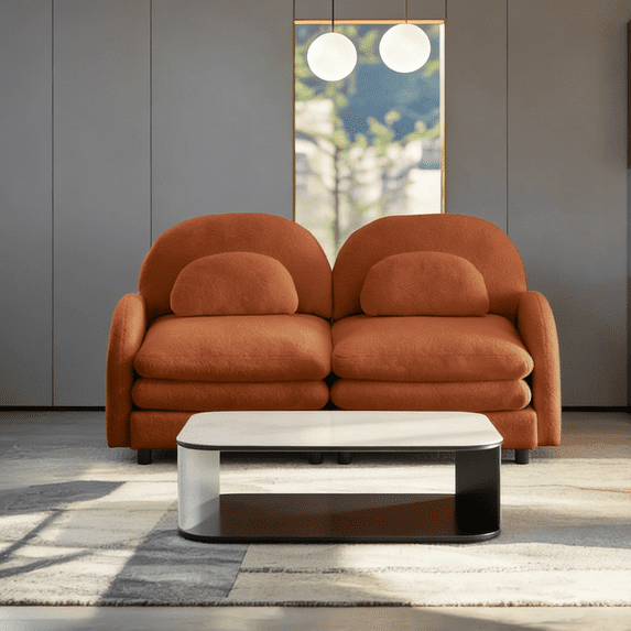 Teddy Fabric Soft Cloud-like Loveseat Sofa with Curved Backrest and Armrest, Curved Lumbar Pillows, Modular 2-Seater Couch with Supportive Double-Layer Cushion, Orange