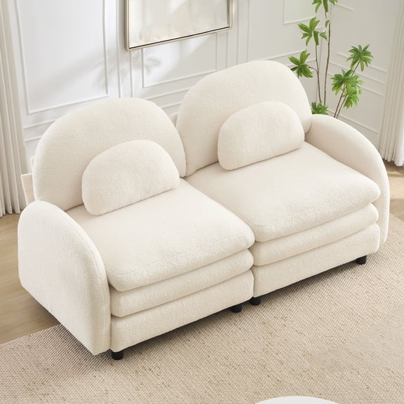 Teddy Fabric Soft Cloud-like Loveseat Sofa,Curved Backrest and Armrest with Curved Lumbar Pillows, Modular 2 Seater Couch with Supportive Double-layer cushion, Beige White