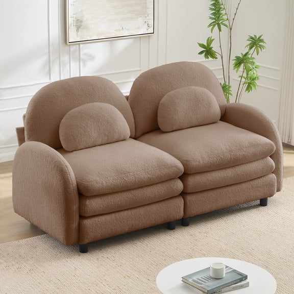 Teddy Fabric Soft Cloud-like Loveseat Sofa,Curved Backrest and Armrest with Curved Lumbar Pillows, Modular 2 Seater Couch with Supportive Double-layer cushion, Camel