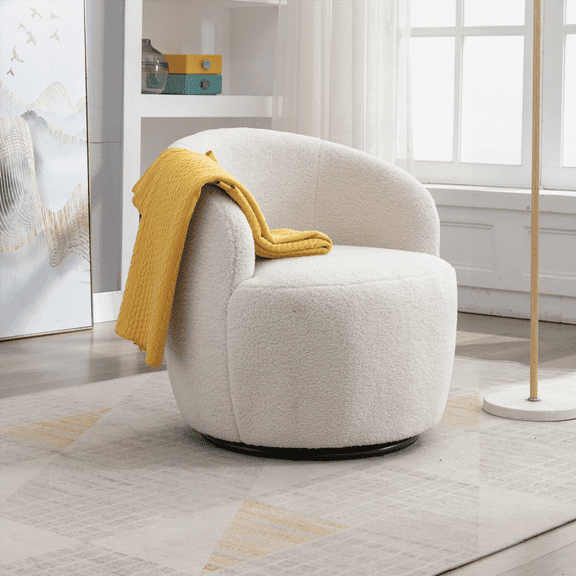 Teddy Fabric Swivel Barrel Chair - 1-Piece with Black Powder Coating Metal Ring and Ivory White, Solid Wood Frame for Daily Use