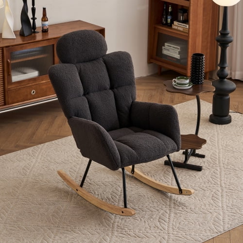 Teddy Fabric Upholstered Nursery Rocking Glider Chair Modern Accent Armchair Padded Seat with High Backrest and Pillow for Living Room Bedroom (Dark Gray)