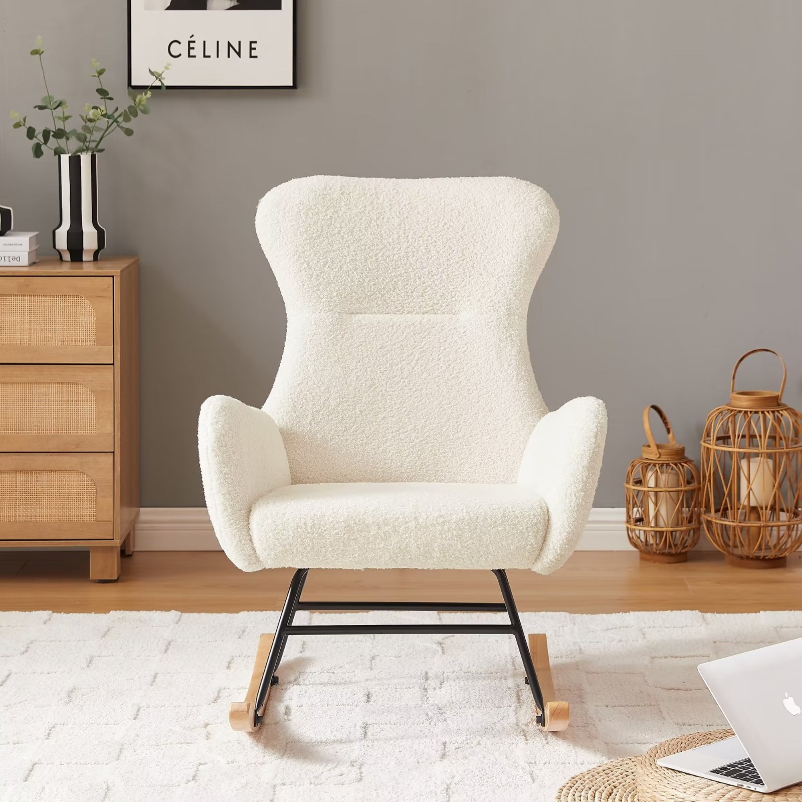 Upholstered Rocking Chair With Rubber Wood Legs And Side Pockets-Beige