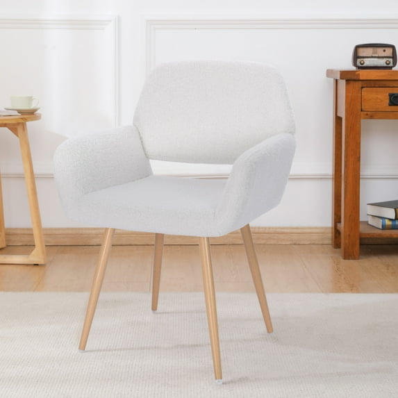 Teddy Fabric Upholstered Side Dining Chair with Metal Legs, Modern Vanity Chair with KD Backrest for Living Room Make-up Studying, White