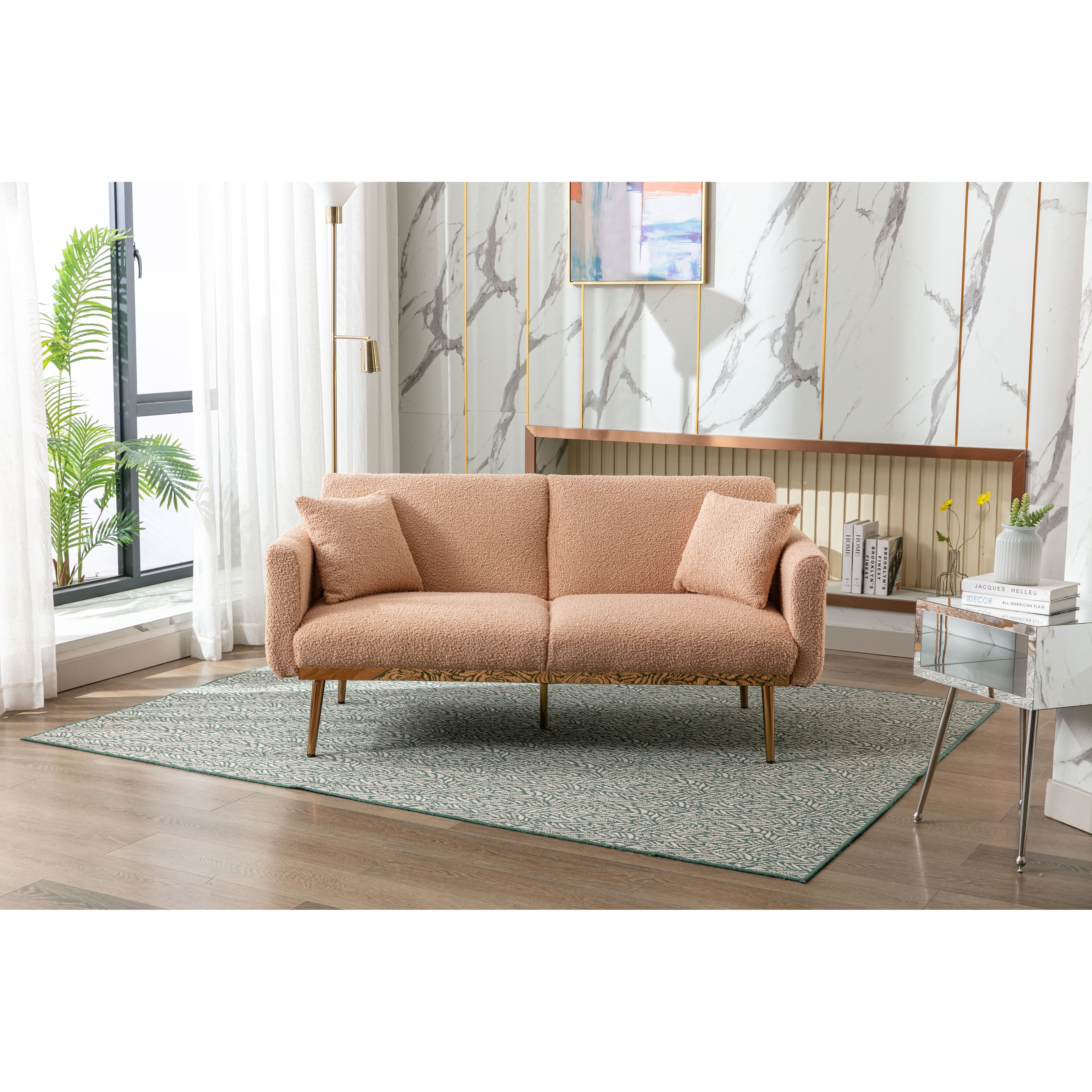 Teddy Fabric Upholstered Tufted Loveseats Sleeper Sofa With Rose Golden