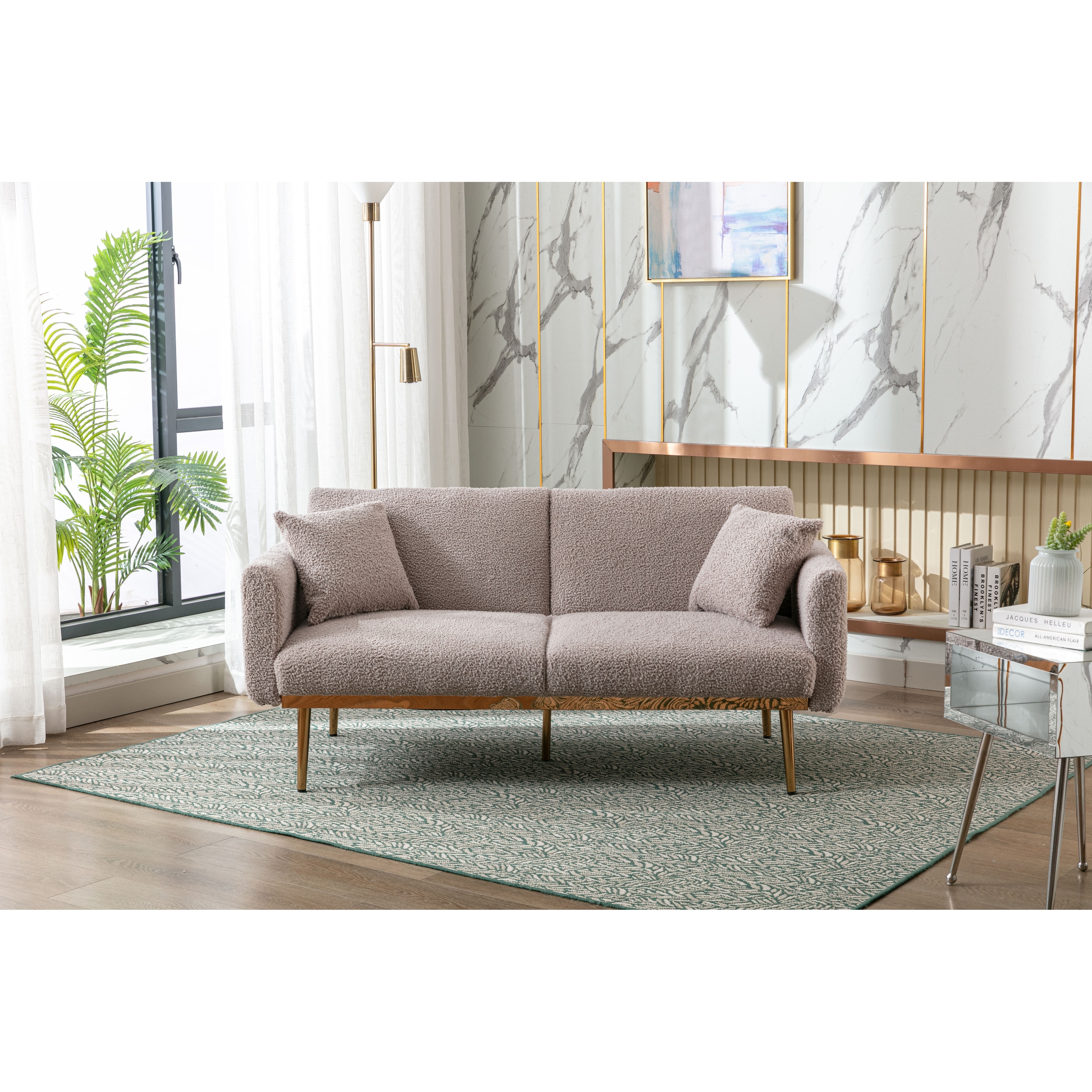 Teddy Fabric Upholstered Tufted Loveseats Sleeper Sofa With Rose Golden