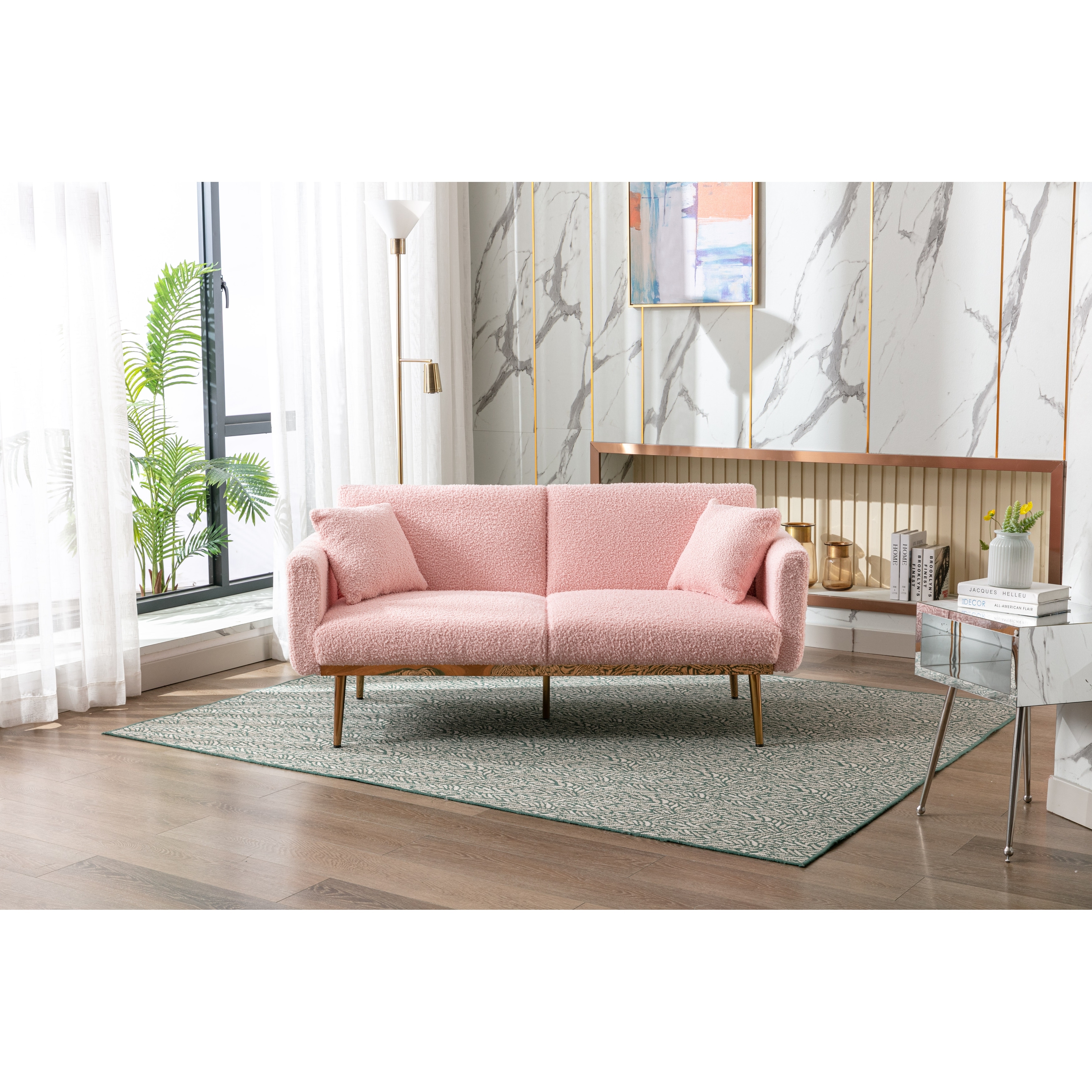 Teddy Fabric Upholstered Tufted Loveseats Sleeper Sofa With Rose Golden Legs Pink