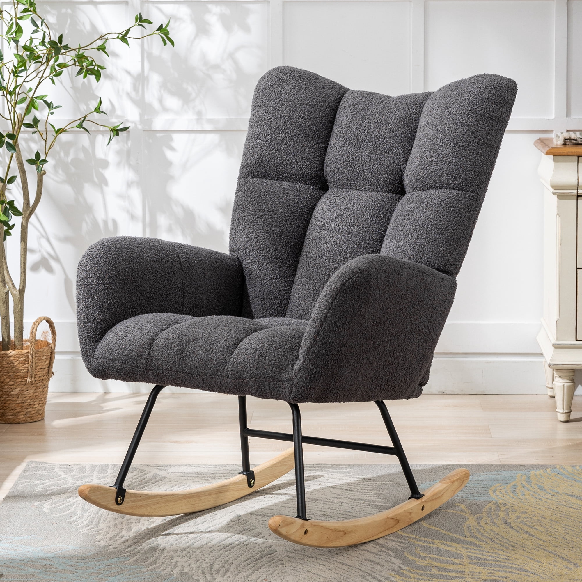 Teddy Fabric Wingback Glider Rocker with Side Storage Pocket, Soft Comfy Nursing Rocking Chair, Sturdy Safe Solid Wood Base, Multiuse Accent Chair for Nursery & Living Room,Grey