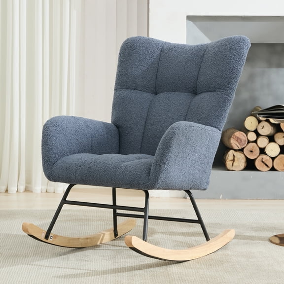 Teddy Fabric Wingback Glider Rocker with Side Storage Pocket, Soft Comfy Nursing Rocking Chair, Sturdy Safe Solid Wood Base, Multiuse Accent Chair for Nursery & Living Room,Navy
