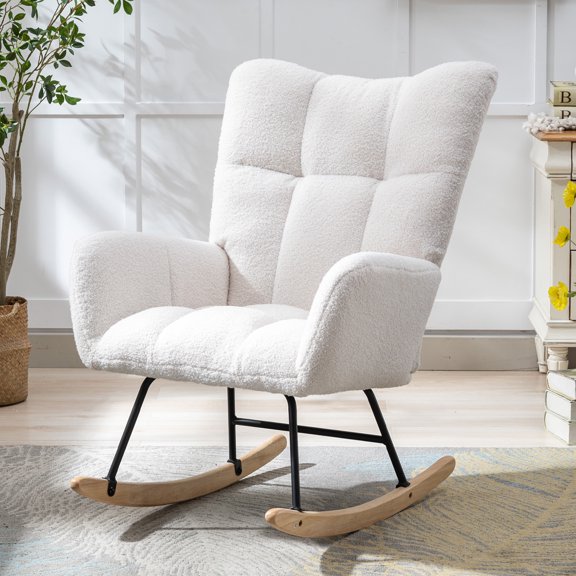 Teddy Fabric Wingback Glider Rocker with Side Storage Pocket, Soft Comfy Nursing Rocking Chair, Sturdy Safe Solid Wood Base, Multiuse Accent Chair for Nursery & Living Room,White