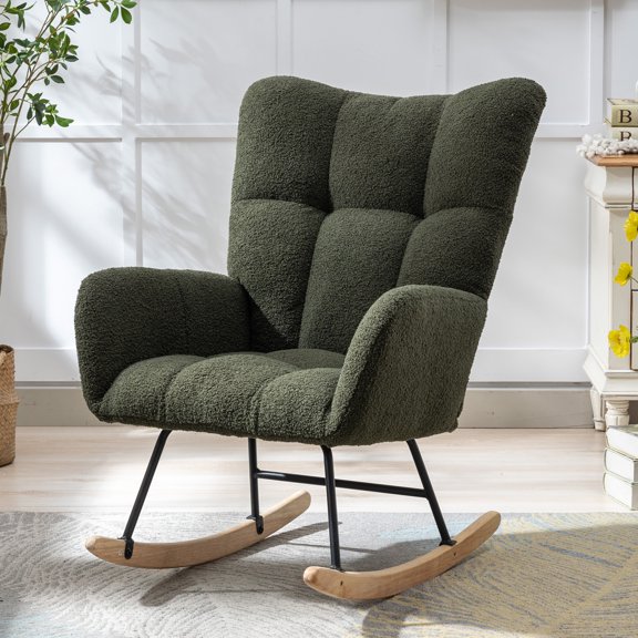Teddy Fabric Wingback Glider Rocker with Side Storage Pocket, Soft Comfy Nursing Rocking Chair, Sturdy Safe Solid Wood Base, Multiuse Accent Chair for Nursery & Living Room,Dark Green