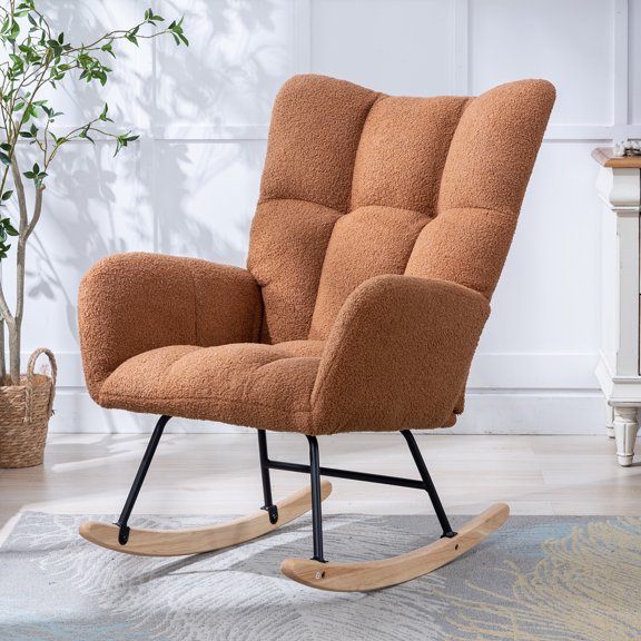 Teddy Fabric Wingback Glider Rocker with Side Storage Pocket, Soft Comfy Nursing Rocking Chair, Sturdy Safe Solid Wood Base, Multiuse Accent Chair for Nursery & Living Room,Brown